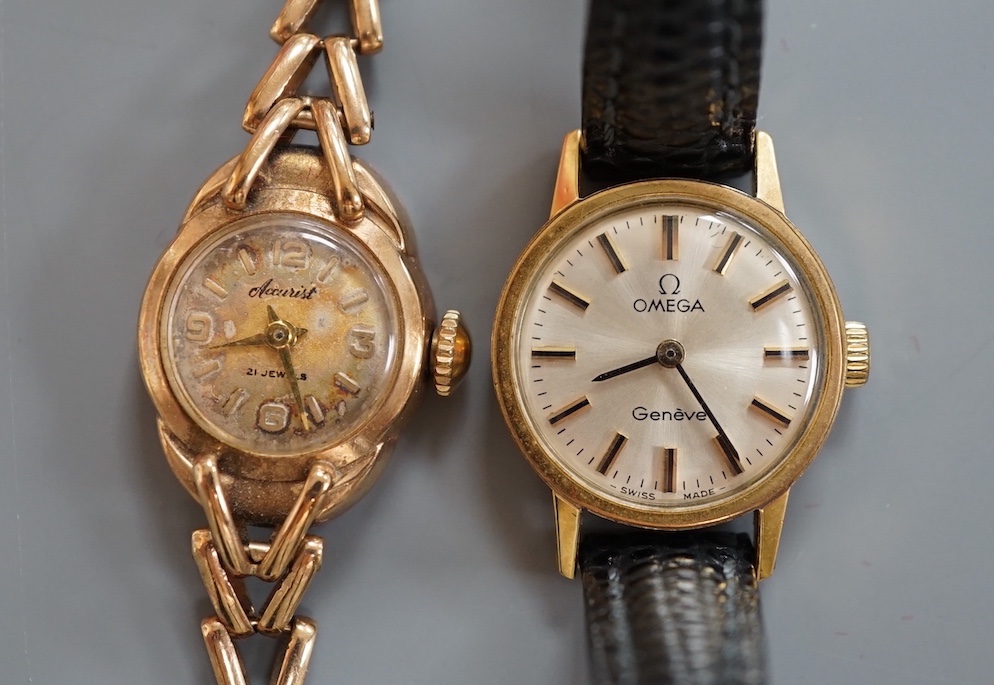 A lady's 9ct gold Accurist manual wind wrist watch, on a 9ct gold bracelet, gross weight 13 grams and a lady's steel and gold plated Omega manual wind wrist watch, on a leather strap.